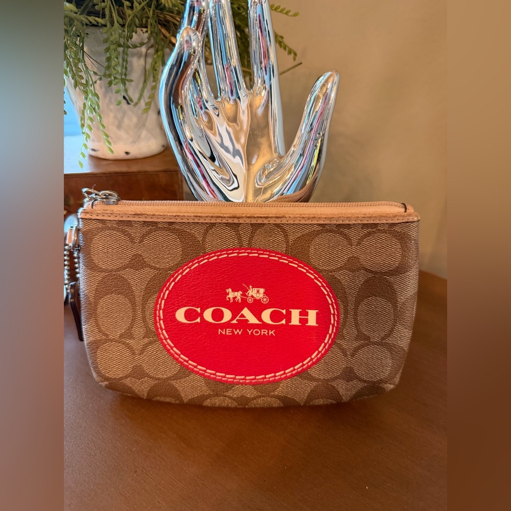 **SALE**Coach Tan and Red Signature Zippered Pouch